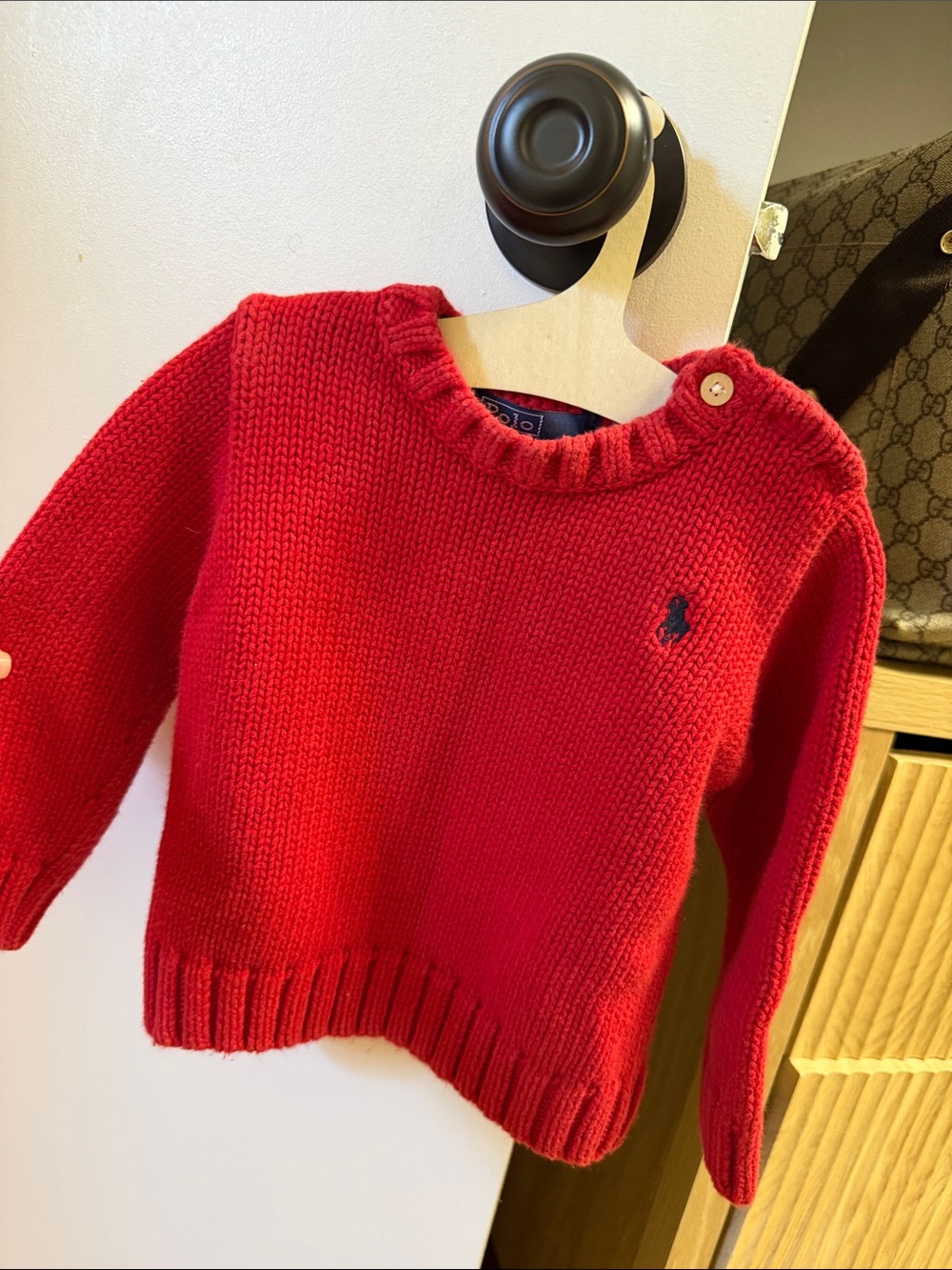 Ralph Lauren Bright Red Crewneck Sweater with Navy Polo Pony. 18m very good
